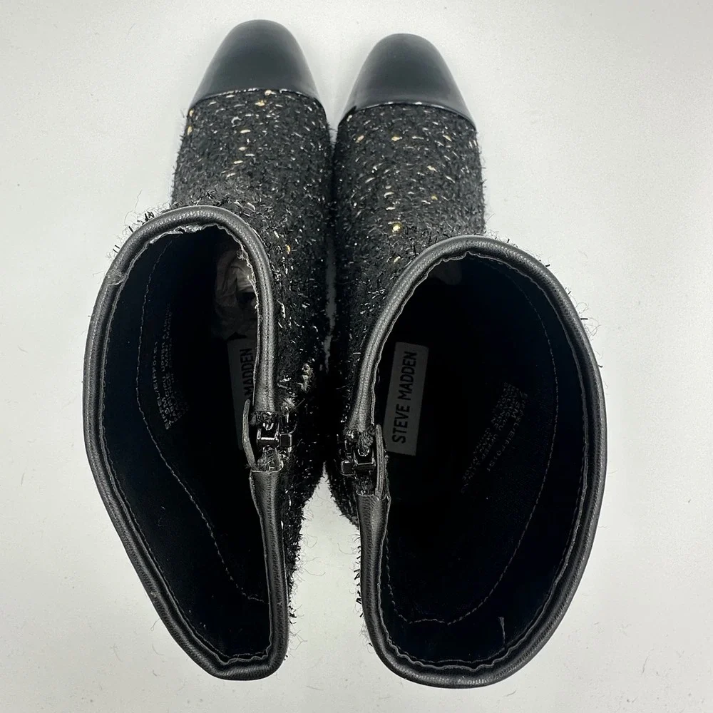 Steve Madden Eiffel Tweed Ankle Boots 7.5 Black Gold Sequin Cap Toe Block Heel